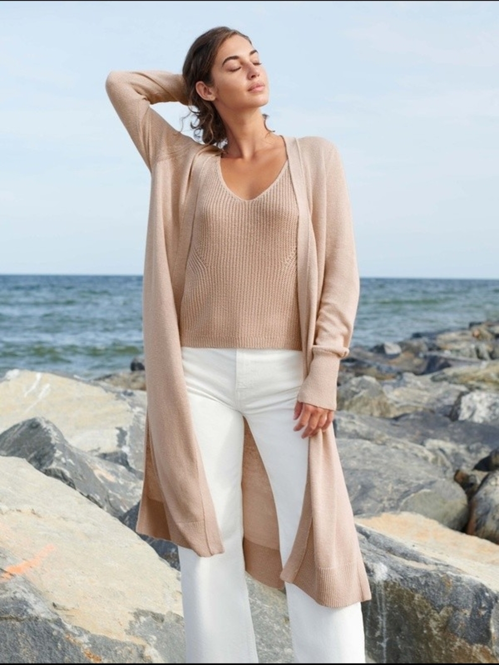 White + Warren Off-White Linen Cotton Long Open Front Duster Cardigan — image 3 of 8